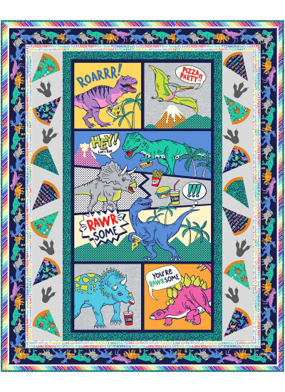 Let's Party quilt feat. Dino Pizza Party by Marsha Evans Moore- free pattern available in december, 2024